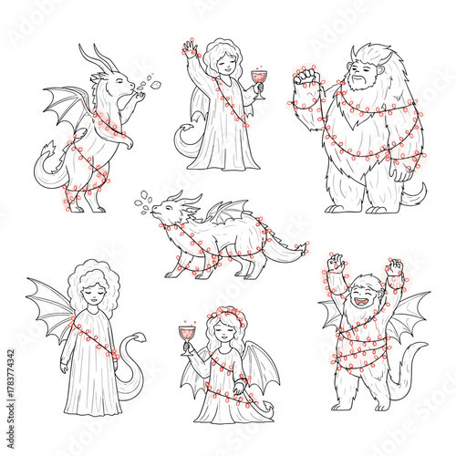 Mythical creatures celebrating with fairy lights for Christmas  