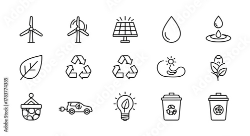 Eco-friendly line art icons set with wind turbines, solar panels, leaves, recycling symbols, and water drops.