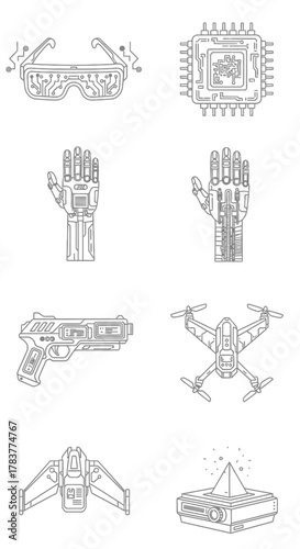 Futuristic Technology Icons - VR Goggles, Microchip, Robot Hand, Drone, Spaceship, and Pyramid Device.