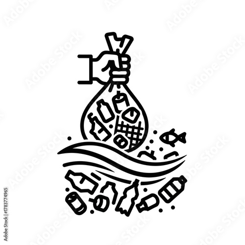 Hand Holding Bag of Ocean Plastic Pollution with Floating Debris.