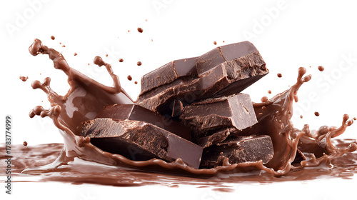 Chocolate chunks splashing in liquid chocolate isolated on transparent background