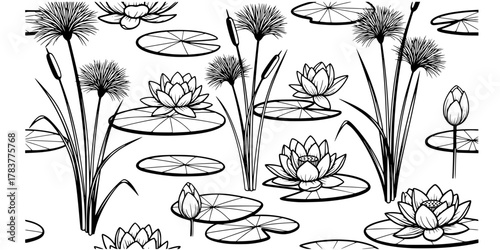 Papyrus Reed Water Lily Seamless Pattern Flat Vector