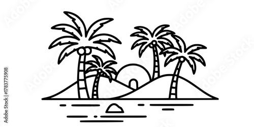 Desert Oasis Palm Trees Simple Line Art Vector Scene