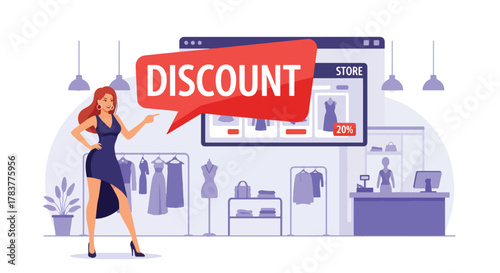 Flat vector shopper tapping giant discount button on ecommerce interface, surrounded by price tags and sale icons. Solid pastel design, ideal for flash sale banners and promo campaigns