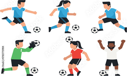 Cartoon soccer players illustration, male and female football characters, goalkeeper, dribbling, kicking, celebrating, sports action poses, team uniform vector design