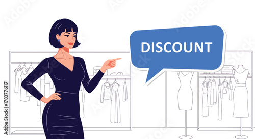 Flat vector shopper tapping giant discount button on ecommerce interface, surrounded by price tags and sale icons. Solid pastel design, ideal for flash sale banners and promo campaigns