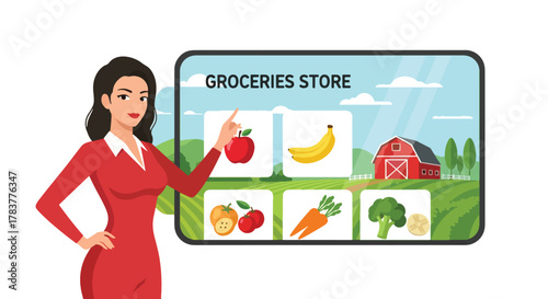 Flat vector shopper browsing online grocery catalog with fresh fruits and vegetables. pastel solid palette, ideal for food delivery marketplace concepts.