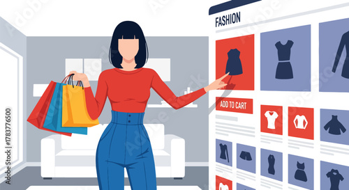 Flat vector shopper holding shopping bags while pressing “Add to Cart” on large ecommerce interface. Pastel solid illustration, ideal for promotional campaign visuals