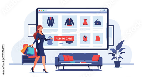 Flat vector shopper holding shopping bags while pressing “Add to Cart” on large ecommerce interface. Pastel solid illustration, ideal for promotional campaign visuals