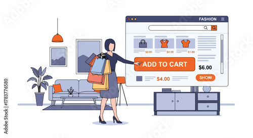Flat vector shopper holding shopping bags while pressing “Add to Cart” on large ecommerce interface. Pastel solid illustration, ideal for promotional campaign visuals