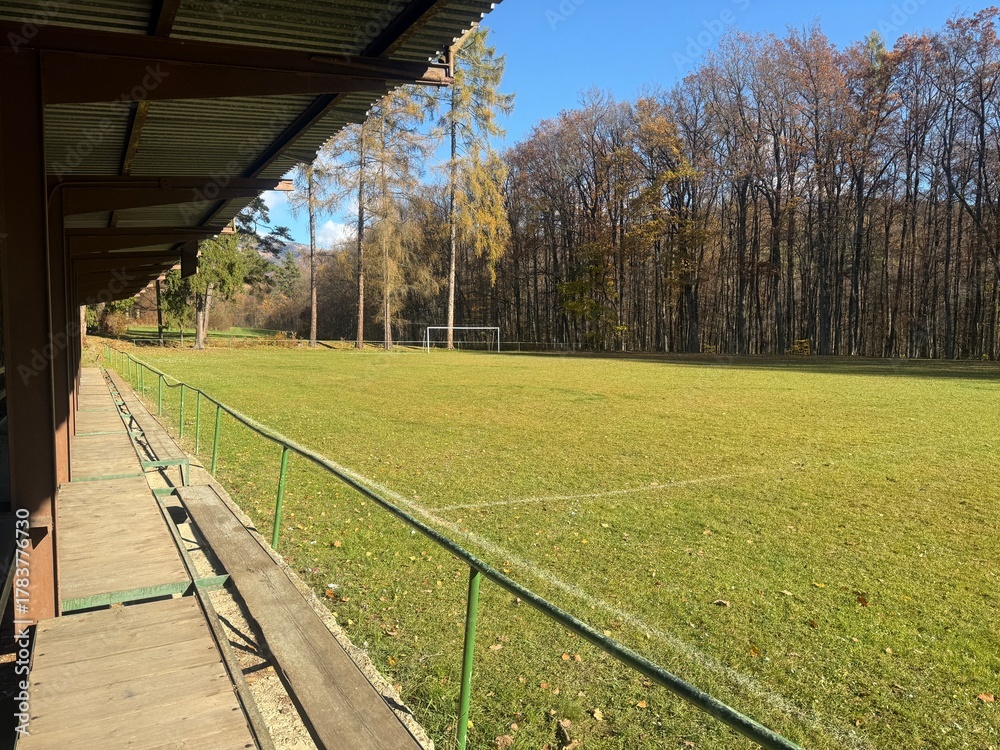 Obraz premium An empty rural football field in Betliar Slovakia with green grass a goalpost and woods in the background on a sunny autumn day