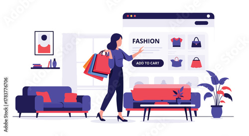Flat vector shopper holding shopping bags while pressing “Add to Cart” on large ecommerce interface. Pastel solid illustration, ideal for promotional campaign visuals