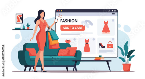 Flat vector shopper holding shopping bags while pressing “Add to Cart” on large ecommerce interface. Pastel solid illustration, ideal for promotional campaign visuals