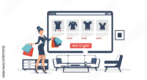 Flat vector shopper holding shopping bags while pressing “Add to Cart” on large ecommerce interface. Pastel solid illustration, ideal for promotional campaign visuals