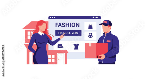 Woman receiving a package from a delivery courier with an online fashion store interface. Illustrates free delivery, e-commerce, home shopping, and logistics