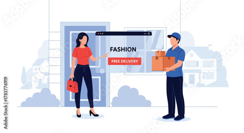 Woman receiving a package from a delivery courier with an online fashion store interface. Illustrates free delivery, e-commerce, home shopping, and logistics