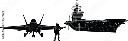Aircraft carrier, military jet fighter, and pilot silhouette illustration, detailed naval aviation concept, CAD drawing flat vector design for defense and technology themes