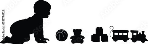 Flat vector crawling baby facing toys, silhouette play scene, early childhood curiosity, black design, developmental moment, infant exploration illustration