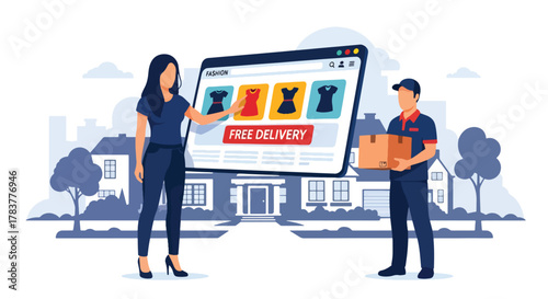 Woman receiving a package from a delivery courier with an online fashion store interface. Illustrates free delivery, e-commerce, home shopping, and logistics