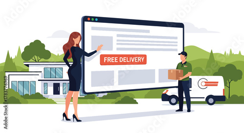 Woman receiving a package from a delivery courier with an online fashion store interface. Illustrates free delivery, e-commerce, home shopping, and logistics