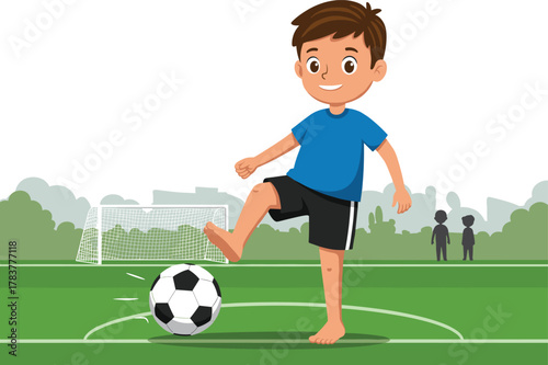 Cartoon boy playing soccer, barefoot child kicking ball, outdoor sports illustration, smiling kid on field, active lifestyle, park background, youth football scene