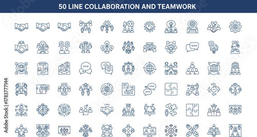50 collaboration and teamwork icons, black line style, communication, planning, shared tasks, business interaction, vector illustration, editable stroke, professional concept