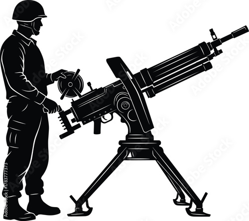 Soldier operating heavy machine gun silhouette, military weapon system illustration, army defense concept with tripod mounted gun, war equipment vector, cad drawing flat vector illustration