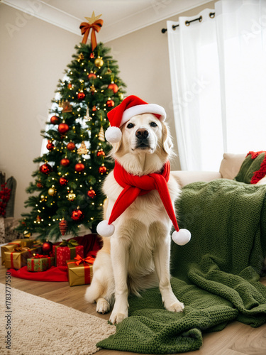 Golden retriever wearing Santa hat and scarf poses beside Christmas tree and gifts