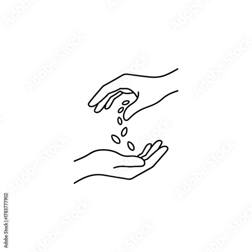 Delicate hands sowing seeds of hope and growth, minimalistic line art inspires sustainable practices and nurturing a better future, vector origin