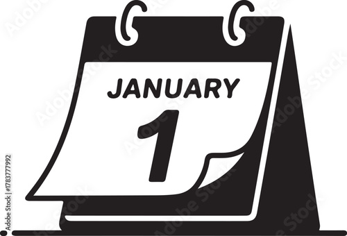 Black and white icon of a desk calendar showing January 1