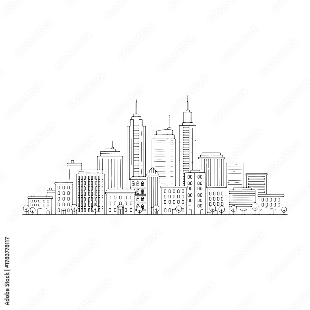 Obraz premium Modern Cityscape Outline: Sleek Urban Skyline for Architectural Visualization & Creative Design Projects, Ideal for Branding & Minimalist Aesthetics