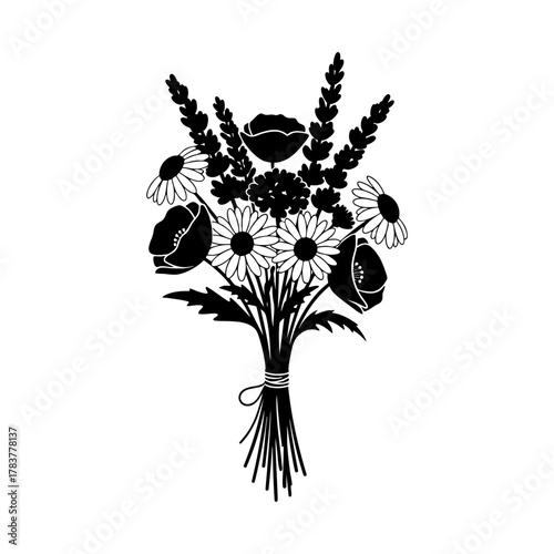 Foto A black and white illustration of a bouquet of flowers, including daisies and po