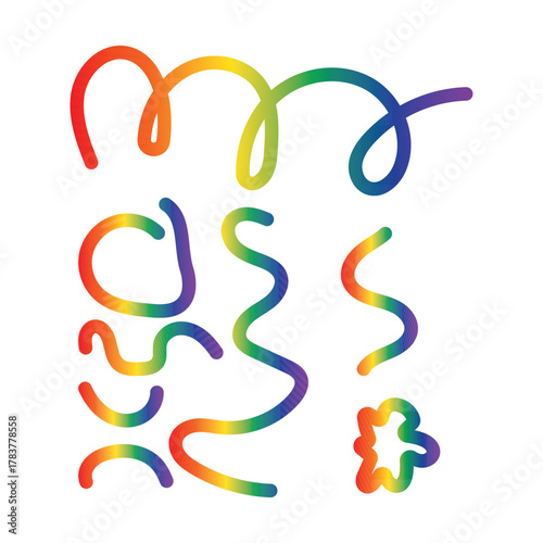 Colorful abstract rainbow squiggles and curved artistic line patterns vector illustration