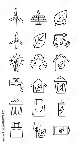 Hand-drawn outline eco-friendly icons set for renewable energy, recycling, and nature conservation.