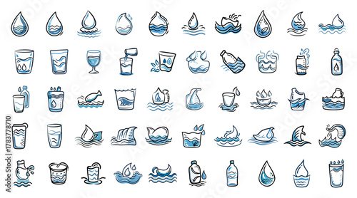 Set of Hand Drawn Water Icons: Doodle Sketch Style Collection. Vector Water Drop, Drink, and Liquid Outline Icons. Collection of Outline Sketch Icons: Hydration, Beverage, and Aqua
