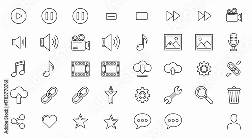 Hand-drawn sketchy line art icons set for multimedia, social media, and interface controls, featuring various digital symbols.