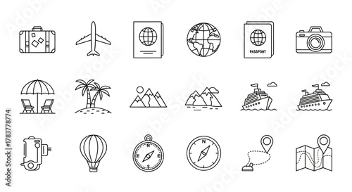 Hand-Drawn Travel Icons - Airplane, Passport, Globe, Camera, Compass, Map, and More.