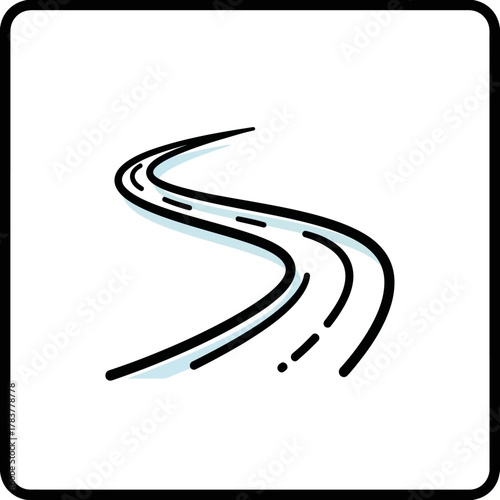 Hand-drawn winding S-shaped road icon with a dashed center line, minimalist black line art style.