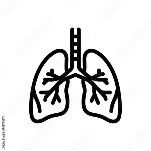 Minimalist black outline icon of human lungs with trachea and bronchial tree, representing respiratory system.