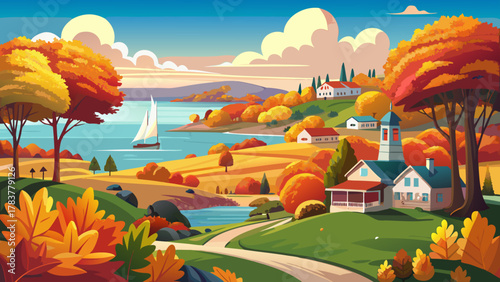 Very beautiful autumn scenery of World’s End in Hingham, Massachusetts, USA, featuring vibrant fall foliage, rolling coastal hills, calm water views, and warm natural sunlight creating a realistic pea