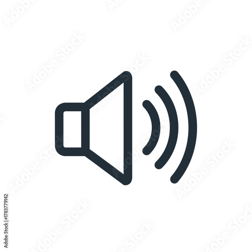 Minimalist black outline speaker icon with three sound waves emanating from the right.