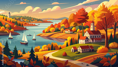 Very beautiful autumn scenery of World’s End in Hingham, Massachusetts, USA, featuring vibrant fall foliage, rolling coastal hills, calm water views, and warm natural sunlight creating a realistic pea
