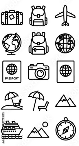 Minimalist Black Outline Travel and Tourism Icons Set for Global Journeys.