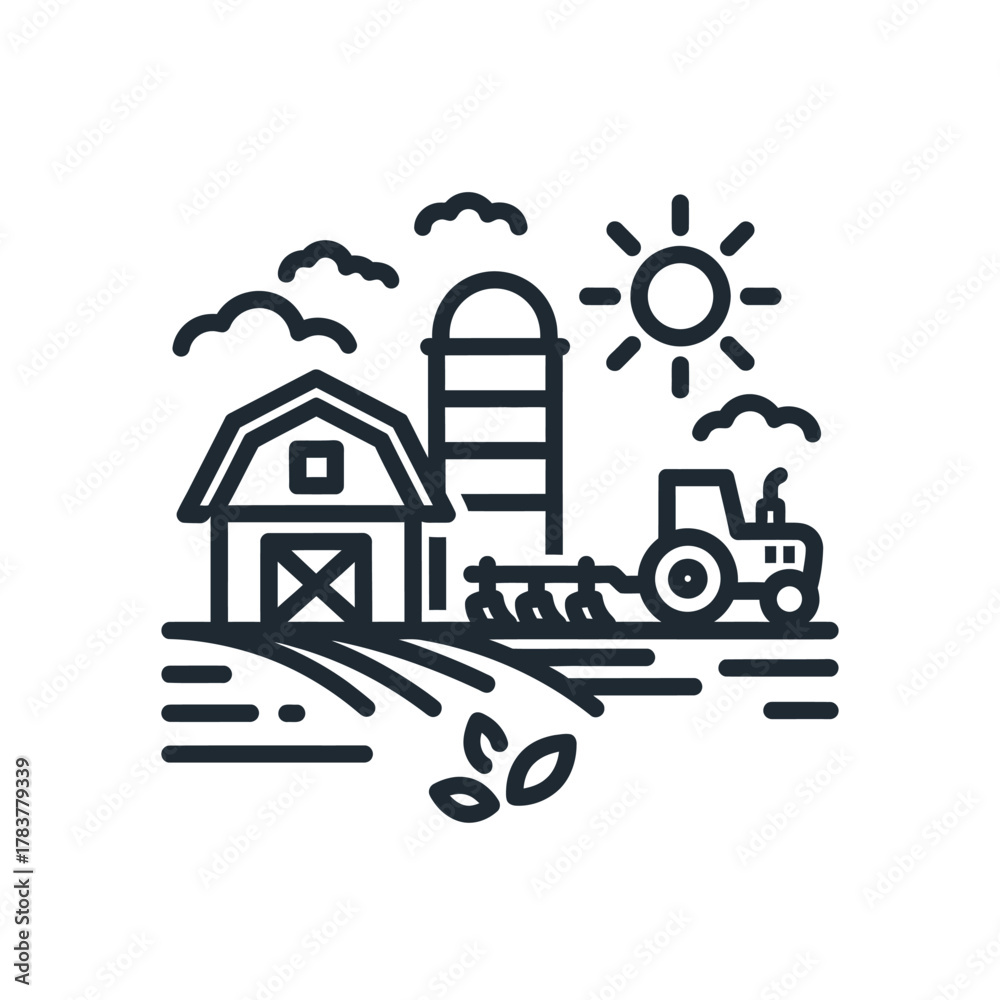 Obraz premium Minimalist line art farm scene icon featuring barn, silo, tractor, field, sun, and clouds.