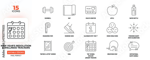 New Year’s Resolution & Wellness Trackers Line Icon Set – Fitness, Health, Goals, Motivation, Editable Stroke.