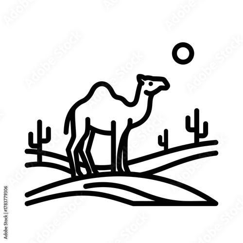 Minimalist Line Art Camel in Desert Landscape with Cacti and Sun Icon.