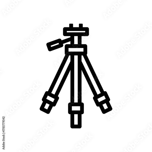 Minimalist Line Art Icon of a Black Camera Tripod.