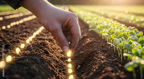 A hand gently placing a glowing seed in a row of tilled soil next to newly sprouted plants at sunset. Concept of smart farming, planting technology, and future agricultural innovation.