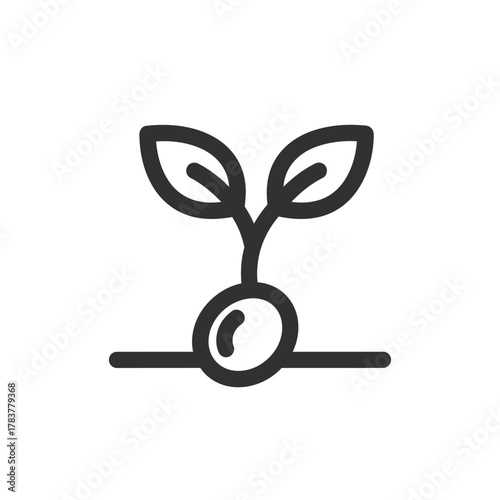 Minimalist line art icon of a sprouting seed with two leaves emerging from the ground.