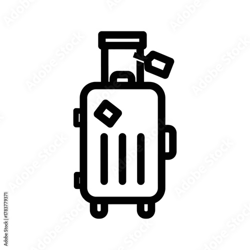 Minimalist line art icon of a rolling travel suitcase with a luggage tag and wheels.